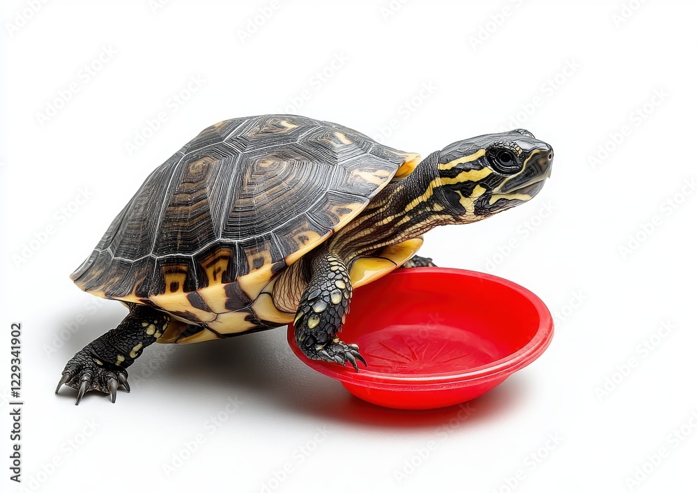 A Colorful Turtle Approaches a Bright Red Dish on a Clean White Background, Capturing Nature's Beauty in a Still Life Composition A Colorful Turtle Approaches a Bright Red Dish on a Clean White Background, Capturing Nature's Beauty in a Still Life Composition