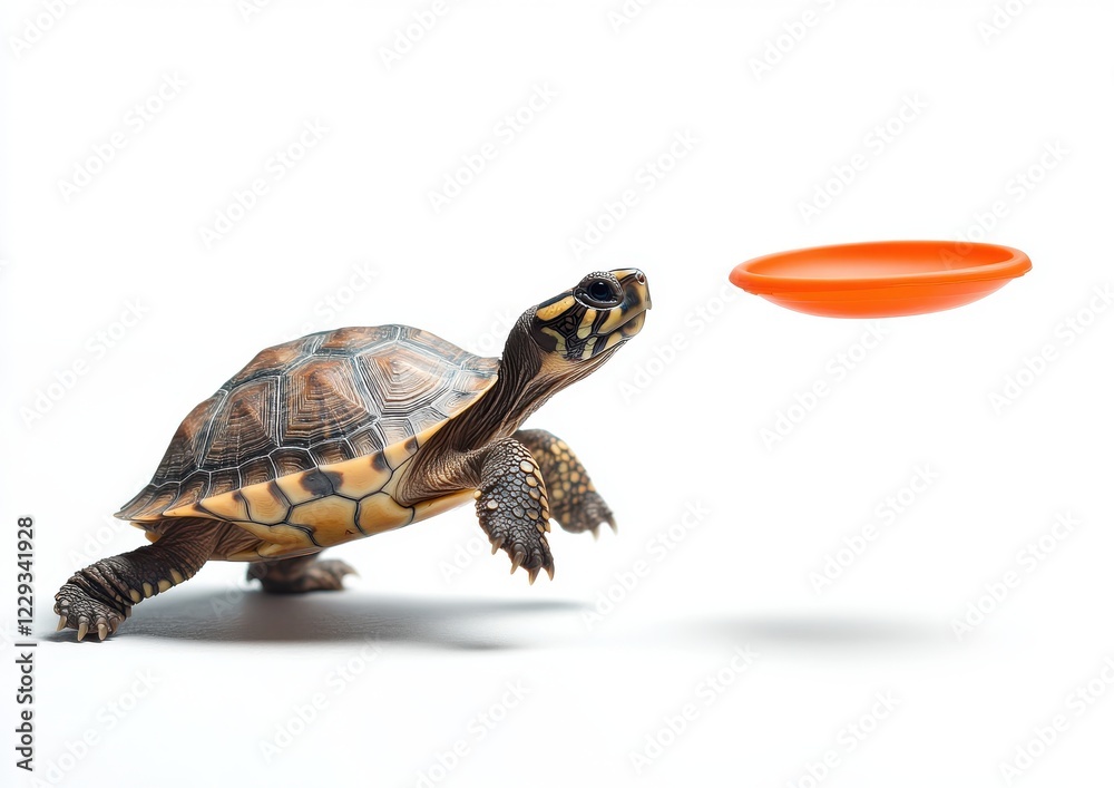 Fototapeta premium A Curious Turtle Reaches for an Orange Flying Disc Against a Minimalist Background Highlighting Its Unique Shell Patterns and Playful Nature