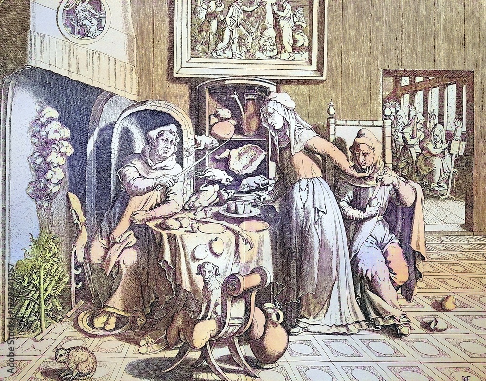Naklejka premium The nuns' piety is gluttony and lust. Satirical copperplate engraving of convent life in the 17th century, digitally restored reproduction of an original from the 19th century, exact original date unknown