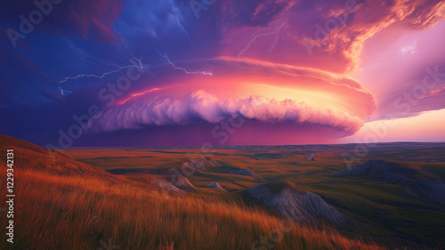 A massive supercell thunderstorm looms over vast rolling plains, illuminated by vibrant sunset hues, with lightning streaking across the dramatic evening sky.