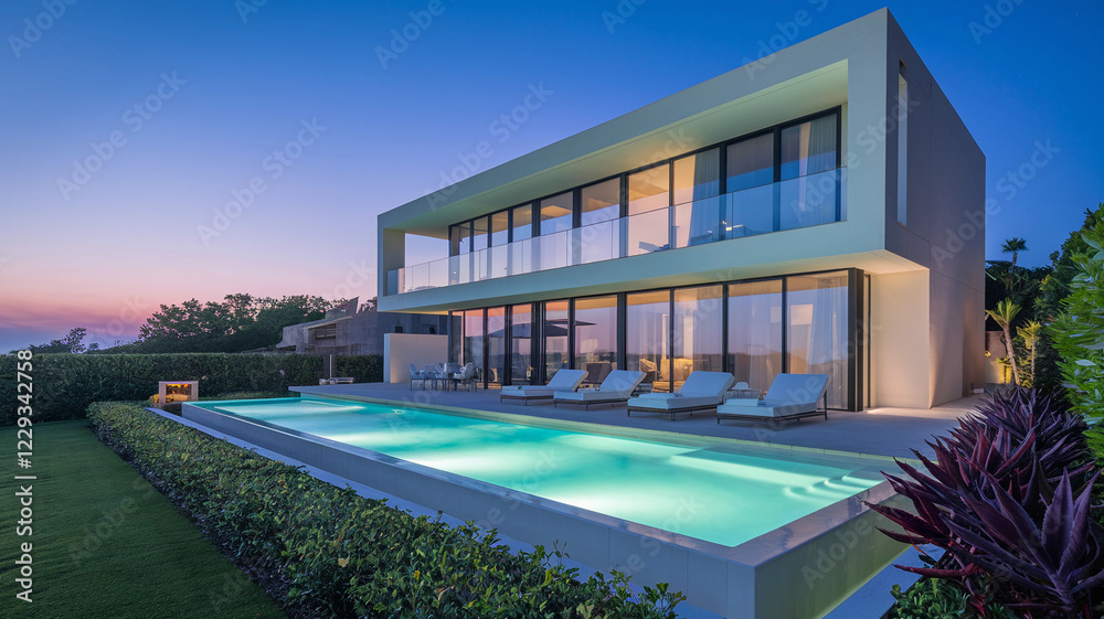 Obraz premium Luxury Modern Villa with Infinity Pool and Illuminated Poolside at Sunset