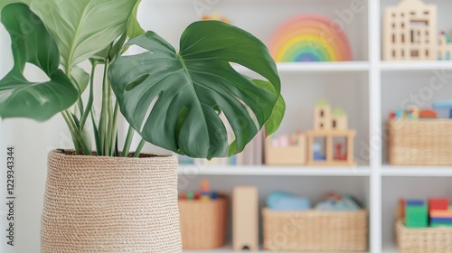 scandinavian playroom organization, white shelving system, statement monstera plant, curated wooden toy display, multicolored storage boxes, montessori inspired wooden toys, rainbow educational