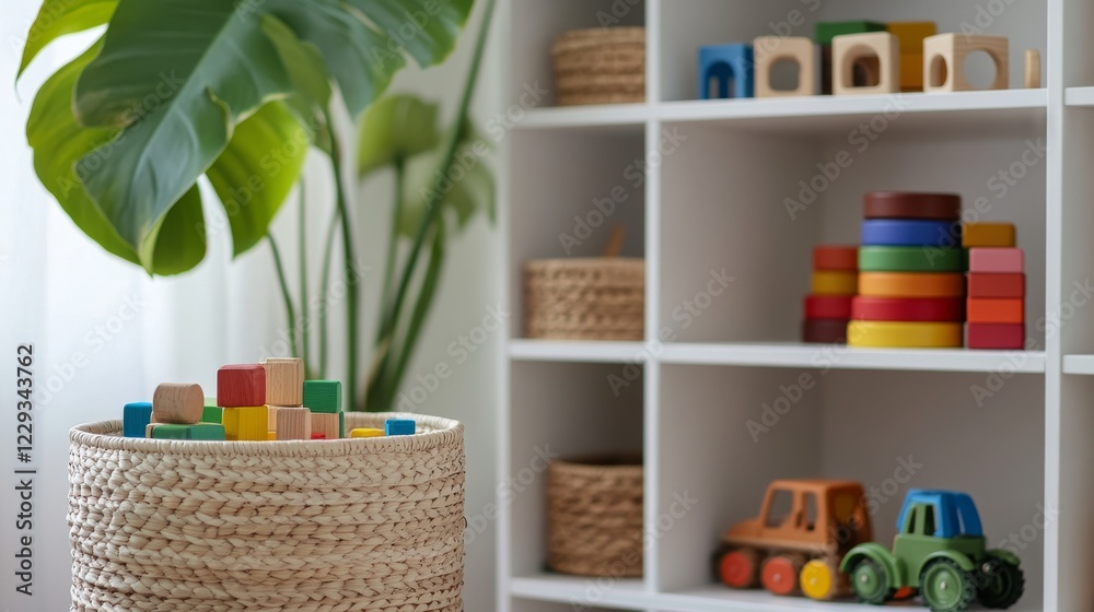 minimalist children storage interior, white bookcase display, large leaf indoor plant, sorted educational wooden elements, rainbow storage containers, natural material toys, colored stacking objects, minimalist children storage interior, white bookcase display, large leaf indoor plant, sorted educational wooden elements, rainbow storage containers, natural material toys, colored stacking objects,