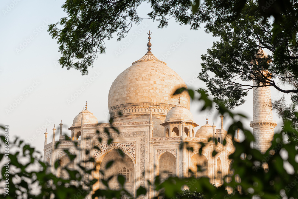 Fototapeta premium Taj Mahal Bei Sonnenaufgang in weichem, rosanen Licht