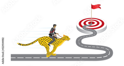 Man riding fast on cheetah cat on winding road, towards goal. Vector illustration.