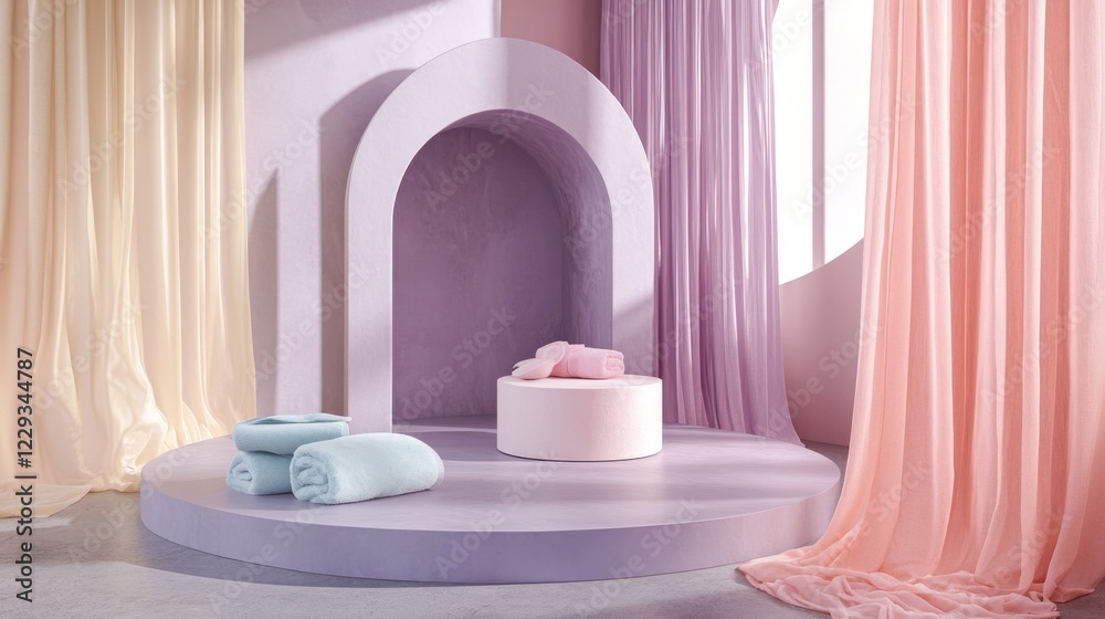 dusty rose and seafoam display, modern round podium, curved architectural backdrop, folded pastel fabrics, lemon chiffon curtains, soft purple background, circular wall decor, powder blue details, dusty rose and seafoam display, modern round podium, curved architectural backdrop, folded pastel fabrics, lemon chiffon curtains, soft purple background, circular wall decor, powder blue details,