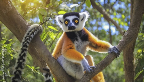 AI generated, animal, animals, mammal, mammals, biotope, habitat, one, individual animal, foraging, wildlife, Madagascar, East Africa, lemurs, sifaka, catta in tree, lemur, Africa photo