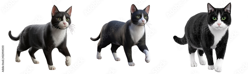 Black and white cat in mid-stride with green eyes and white chest and paws, isolated on transparent background PNG Black and white cat in mid-stride with green eyes and white chest and paws, isolated on transparent background PNG
