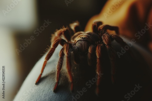 Chilean rose tarantula, or grammostola rosea, gently crawling on a person's knee, highlighting the spider's hairy legs and intricate details in a dimly lit, minimalist setting photo