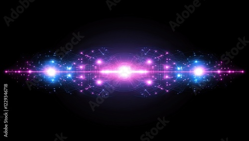 Blue and purple circuits merge on a tech background, blending engineering and art, with copy space