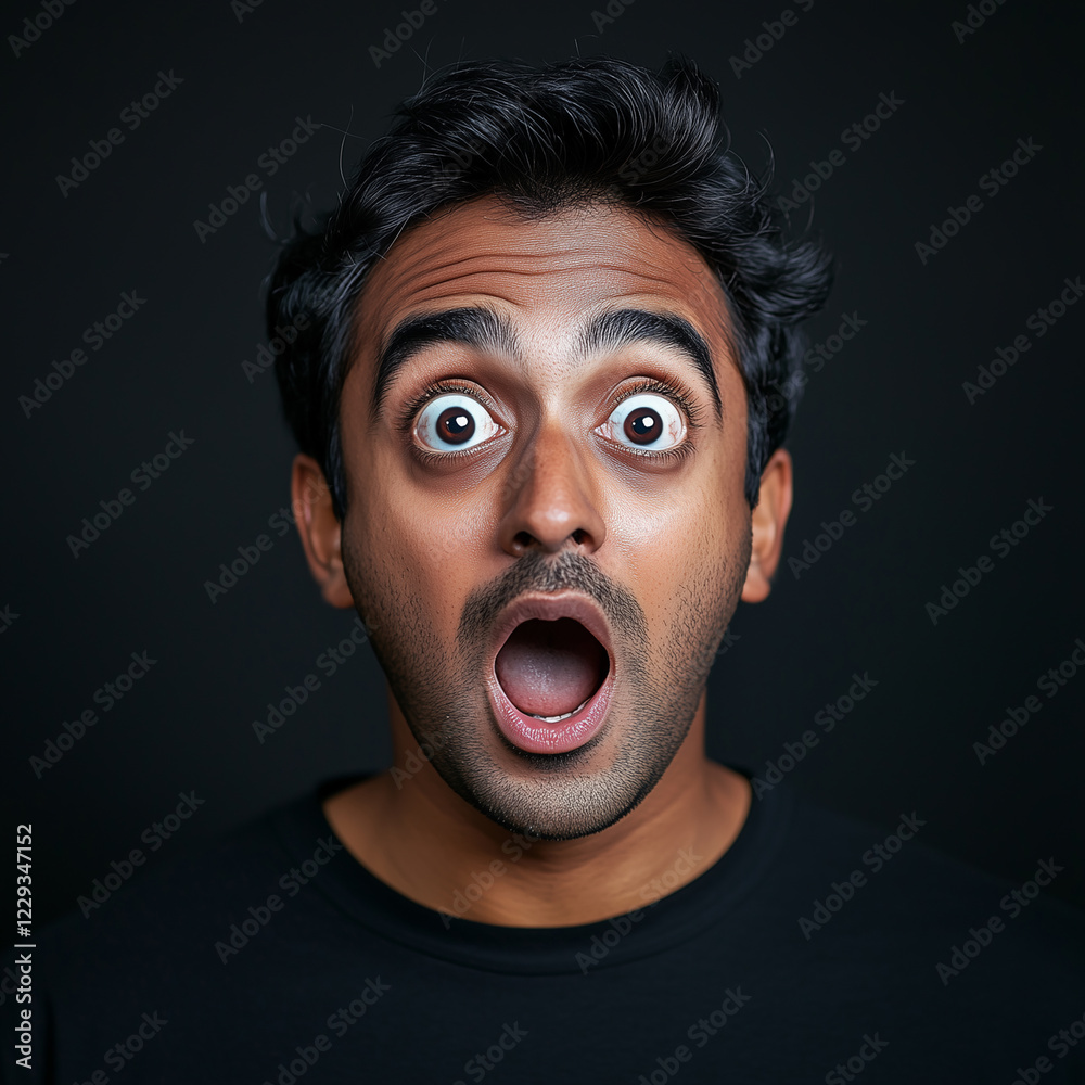 Frontal portrait of an attractive young Indian man with a surprised expression and an open mouth. Frontal portrait of an attractive young Indian man with a surprised expression and an open mouth.