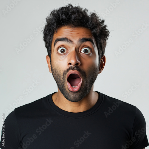 Frontal portrait of an attractive young Indian man with a surprised expression and an open mouth.