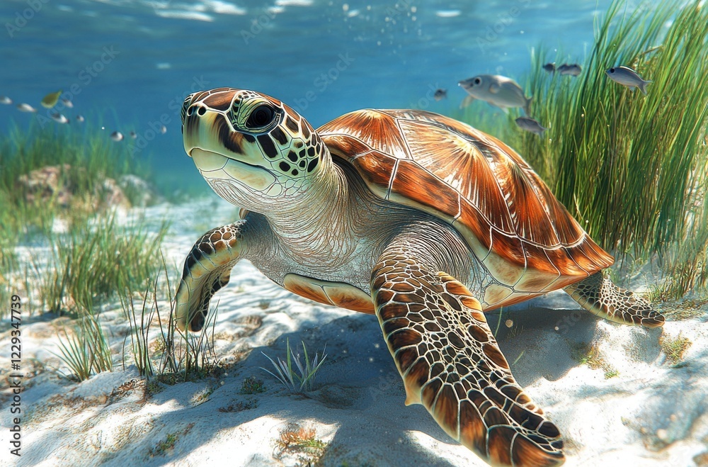 Fototapeta premium Beautiful sea turtle swimming gracefully through clear turquoise waters, surrounded by vibrant aquatic plants and various tropical fish species in marine environment