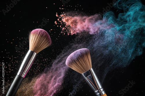 This image shows two makeup brushes with powder being dispensed from them, creating a dynamic and colorful effect against a dark background. This image shows two makeup brushes with powder being dispe photo