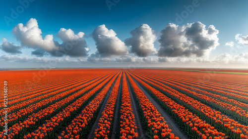 Aerial view of vibrant orange tulip field under a dramatic sky; spring landscape, nature photography for travel brochures