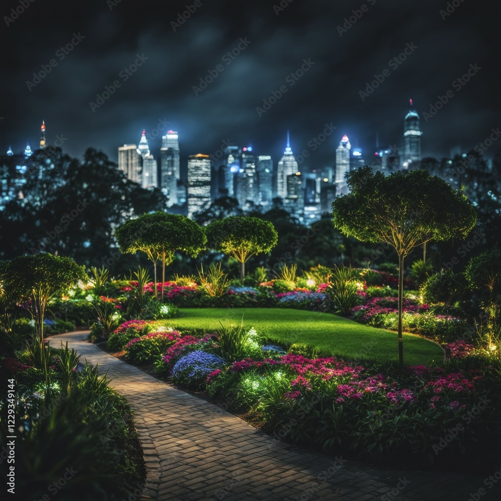 Fototapeta premium A city garden at night with a pathway through illuminated flowers and trees, backdrop of a glowing skyline, AI generated