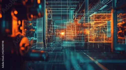 with a blurred background using a holographic wireframe 3D digital projection of a machine, Industrial building. Industrial factory concept with 3d isolated Icons. 