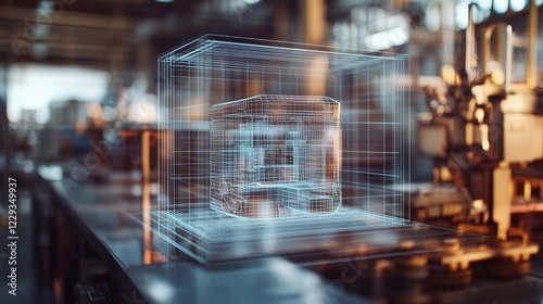 with a blurred background using a holographic wireframe 3D digital projection of a machine, Industrial building. Industrial factory concept with 3d isolated Icons. 