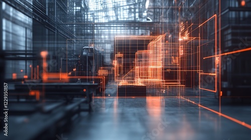 with a blurred background using a holographic wireframe 3D digital projection of a machine, Industrial building. Industrial factory concept with 3d isolated Icons. 