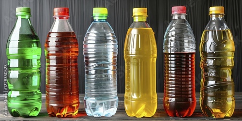 Six plastic bottles filled with various colorful liquids arranged in a straight line, AI generated photo