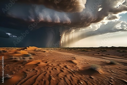 Rare and powerful sight of a rainstorm sweeping across a desert landscape, AI generated photo