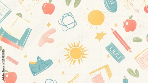 classroom inspired pattern, structured lined backdrop, lively stationery illustrations, golden sun elements, pastel toned rainbows, mint colored shoe graphics, fresh apple motifs, navy stationery