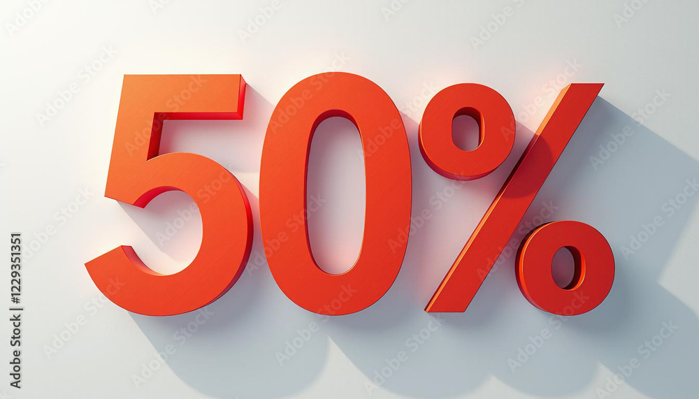 Bold 50 percent discount sign with glossy red finish on light background Bold 50 percent discount sign with glossy red finish on light background