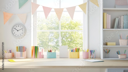 contemporary learning space design, pale wood desktop feature, playful pastel bunting decor, clean white window detail, organized shelving system, rainbow stationery collection, muted pastel book