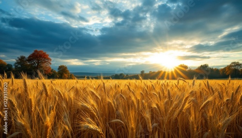 Golden wheat field with sunset, a rural nature landscape. photo