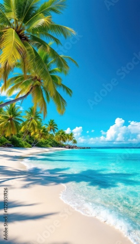 Tropical beach with clear blue water and palm trees, paradise view.