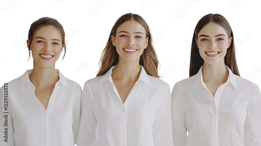 Three women in white shirts smiling together in a bright and modern setting Three women in white shirts smiling together in a bright and modern setting