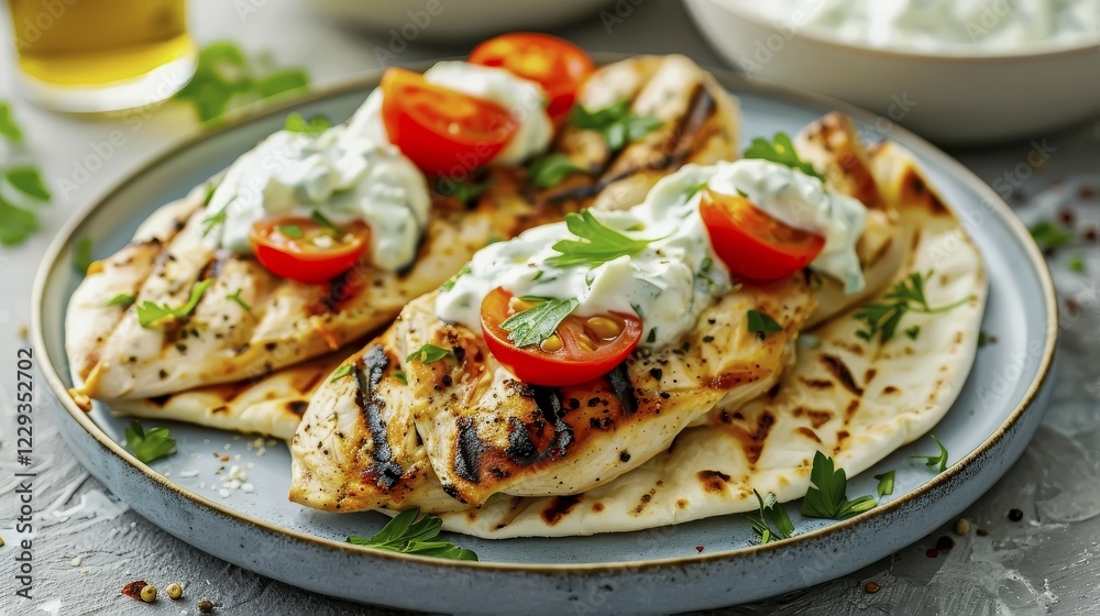 Grilled chicken with tzatziki sauce on flatbread, garnished with tomatoes and parsley, AI generated Grilled chicken with tzatziki sauce on flatbread, garnished with tomatoes and parsley, AI generated