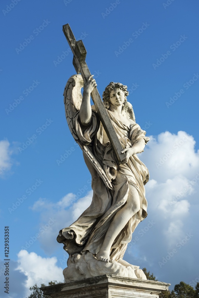 Obraz premium Angel with the Cross (Angelo con la Croce), by Ercole Ferrata, angel statues with symbols of the Passion by Bernini, Ponte Sant'Angelo, Rome, Lazio, Italy, Europe