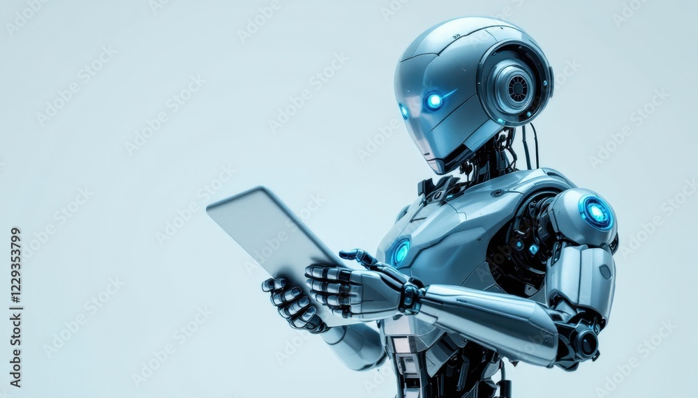Robot using a tablet, a futuristic android with a screen. Robot using a tablet, a futuristic android with a screen.