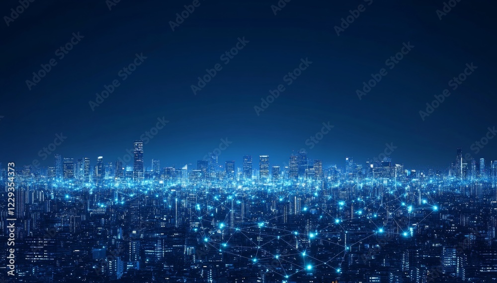Connected Cityscape Nighttime Urban Scene Illuminated by Digital Network, Symbolizing Connectivity