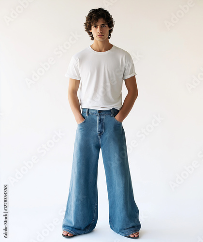 Lookbook, a male model standing in a white studio wearing baggy jeans and an oversized t-shirt, wide-leg denim pants, full-body shot.


