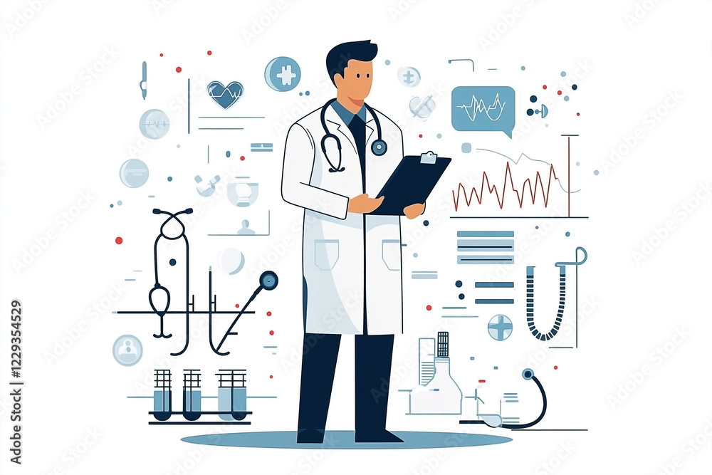 Flat vector illustration of a doctor with medical icons in a modern style Flat vector illustration of a doctor with medical icons in a modern style