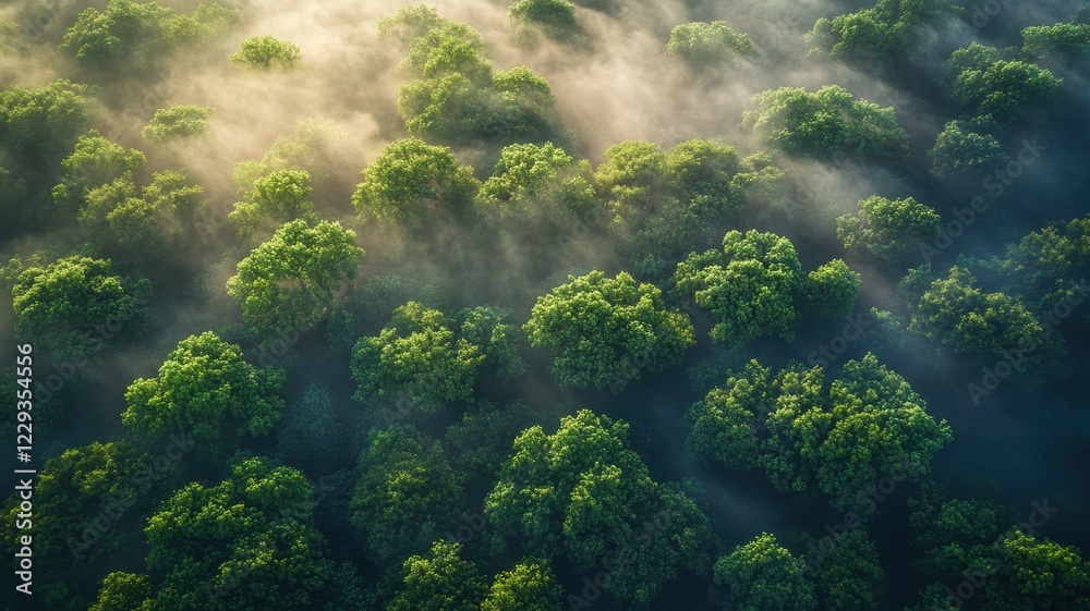 Mist-blanketed lush green canopy nature landscape serene environment aerial view tranquility concept Mist-blanketed lush green canopy nature landscape serene environment aerial view tranquility concept
