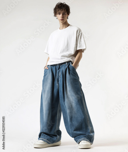 Lookbook, a male model standing in a white studio wearing baggy jeans and an oversized t-shirt, wide-leg denim pants, full-body shot.


