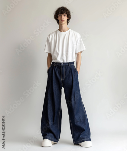 Lookbook, a male model standing in a white studio wearing baggy jeans and an oversized t-shirt, wide-leg denim pants, full-body shot.



