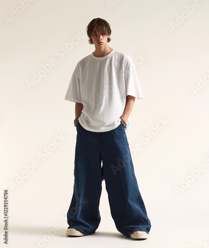 Lookbook, a male model standing in a white studio wearing baggy jeans and an oversized t-shirt, wide-leg denim pants, full-body shot.


