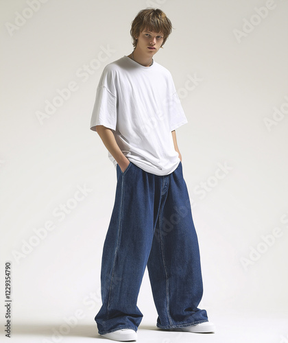 Lookbook, a male model standing in a white studio wearing baggy jeans and an oversized t-shirt, wide-leg denim pants, full-body shot.


