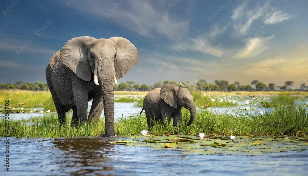 Fototapeta premium AI generated, animal, animals, mammal, mammals, biotope, habitat, two, drinking water at the river, a young animal, foraging, wildlife, Africa, african elephant (Loxodonta africana), water lilies