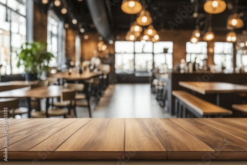 Fototapeta Naklejka Na Ścianę i Meble -  Spacious, modern restaurant with wooden dining tables and industrial lighting creating an inviting atmosphere, AI generated