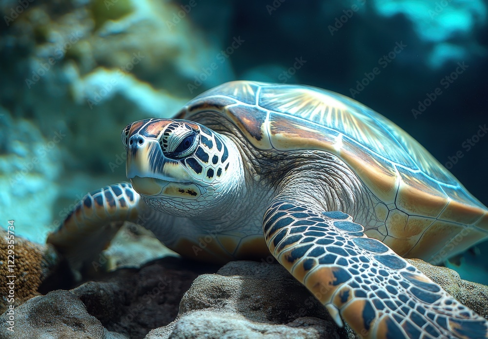 Obraz premium Close-Up View of a Colorful Sea Turtle Swimming Gracefully through Ocean Waters Surrounded by Coral and Marine Life in a Vibrant Underwater Habitat