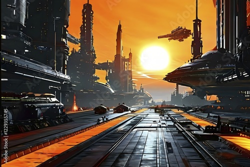 AI generated industrial futuristic landscape merging with ecopunk aesthetics inorange colors photo