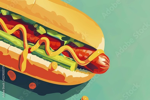 A pop art style illustration of a hot dog with mustard and ketchup, street food, AI generated photo