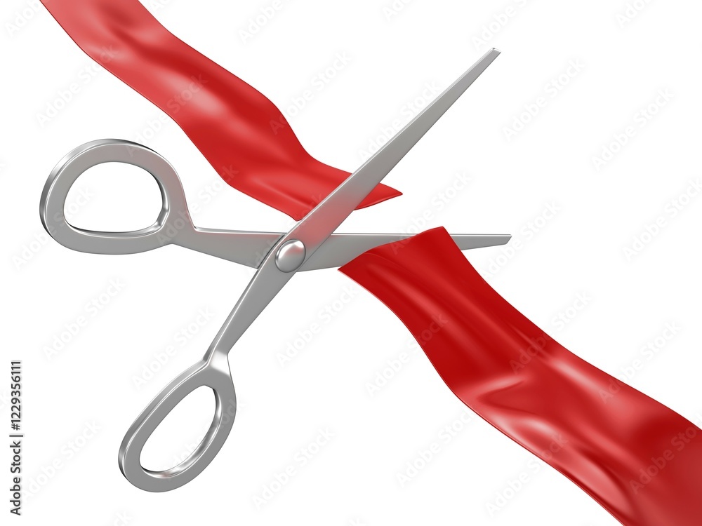 Scissors cutting red ribbon, This is a computer generated and 3d rendered picture