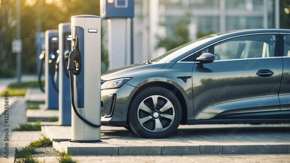 Electric car parked in front of a charging terminal with several electric charging points, concept of green energy from sustainable sources. AI generated, AI generated, AI generated Electric car parked in front of a charging terminal with several electric charging points, concept of green energy from sustainable sources. AI generated, AI generated, AI generated