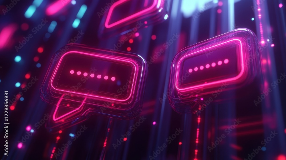 Vibrant chat bubbles floating in neon lights digital space graphic design futuristic environment